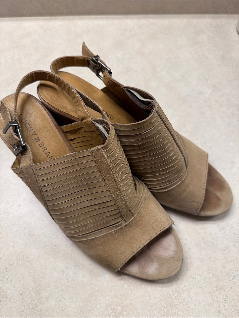 Lucky Brand Tan Suede Peep-Toe Slingback Mules